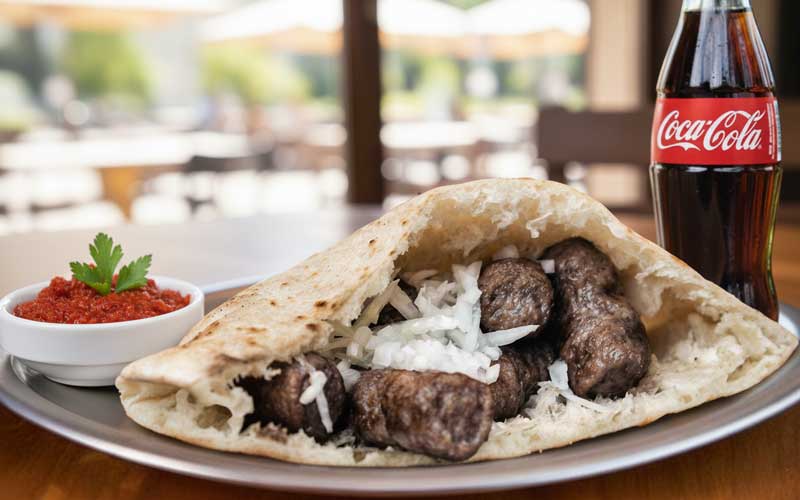 Belgrad’da servis edilen somun ekmek içinde soğanlı cevapi ve yanında kırmızı sos