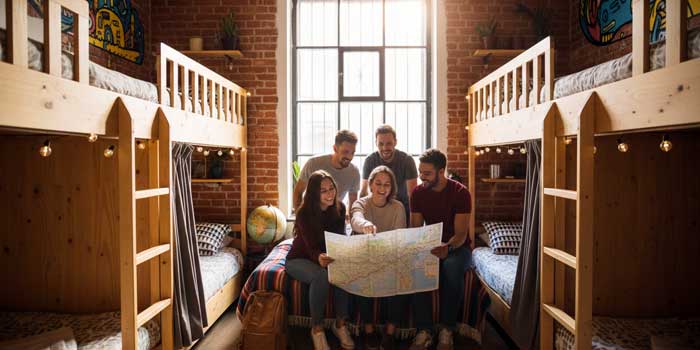 Belgrad'da kalabalık gruplar ve gençler için temiz, ranzalı ve güneş alan modern bir hostel odası.