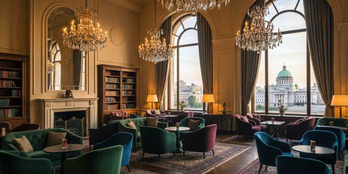 Belgrad şehir manzaralı, şık avizeli ve konforlu lüks bir otel lobisi.