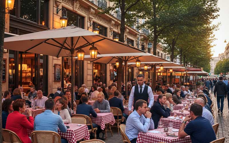 Belgrad’da bir caddede kırmızı beyaz örtülü masaları dolu açık hava kafe ve restoranlar
