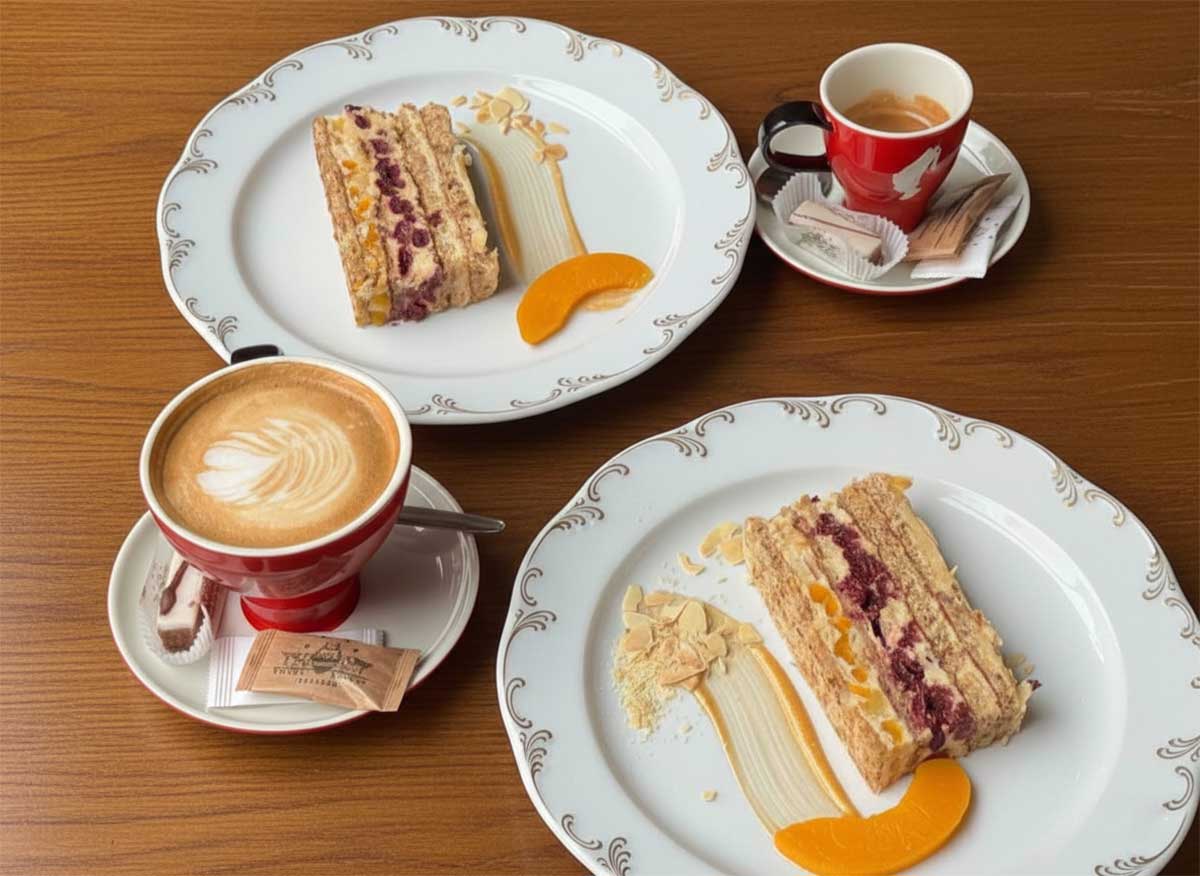 Masada iki kahve ve iki dilim pasta