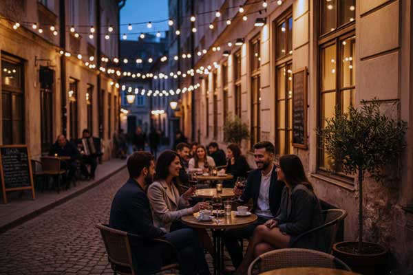 Belgrad keyifçi rotasında Skadarlija sokaklarında akşam sefası süren ve sohbet eden arkadaşlar.