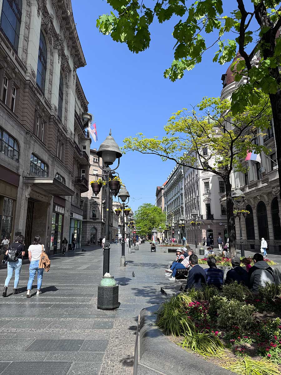 Belgrad Knez Mihailova Caddesi’nde ağaçlıklı yaya yolu ve tarihi binalar