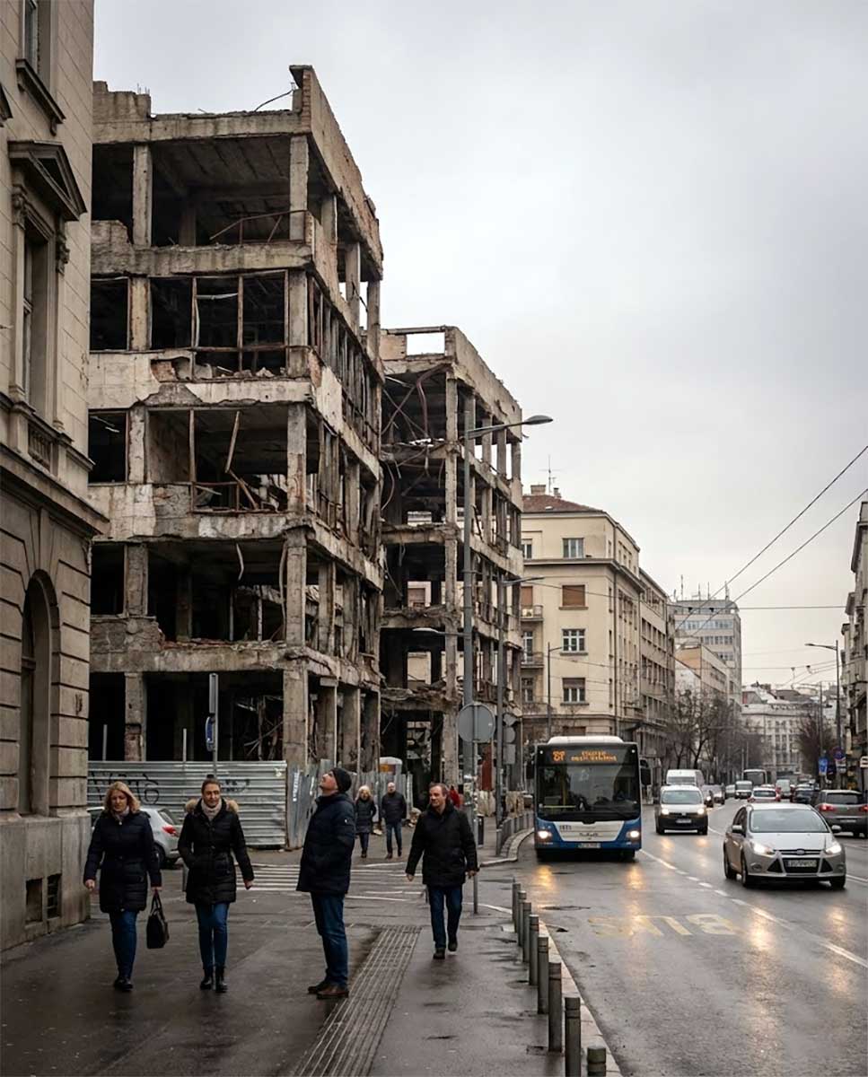 Belgrad'da NATO bombardımanı sonrası yıkık bina kalıntıları, Kneza Miloša