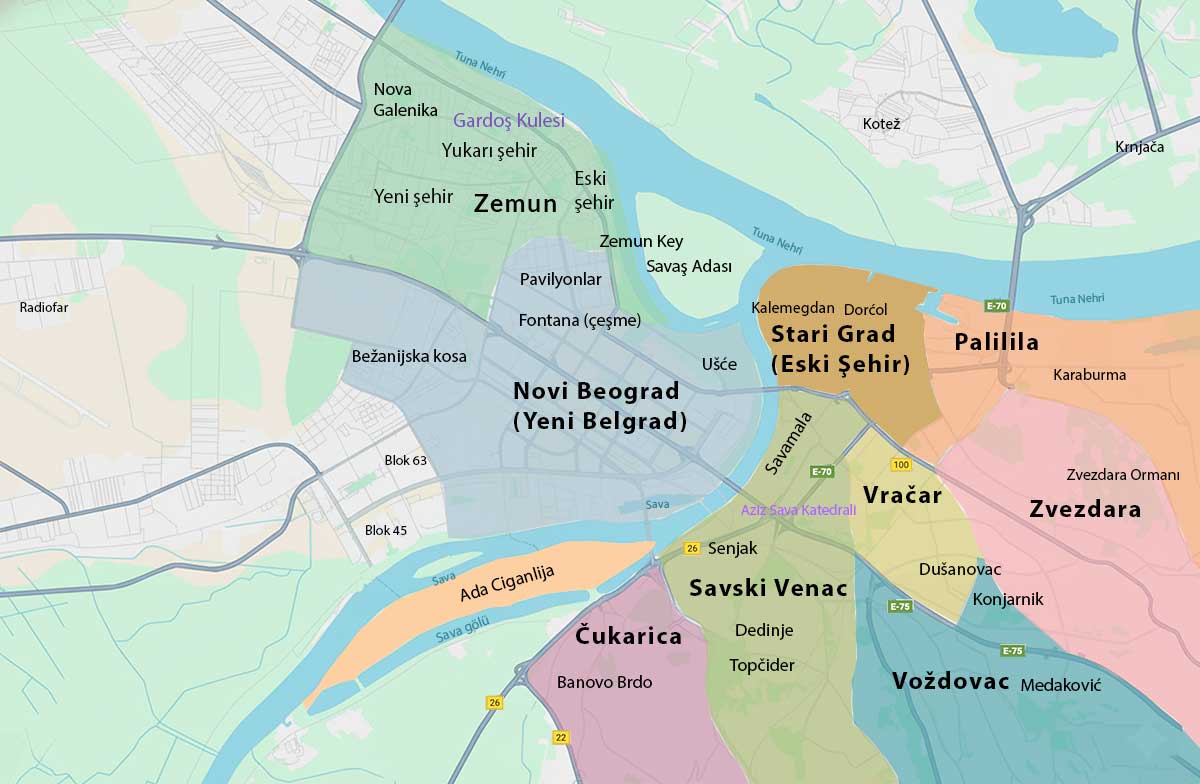 Belgrad otel bölgeleri, Stari Grad, Dorćol, Savamala, Vračar, Novi Beograd ve Zemun’un harita üzerinde gösterimi