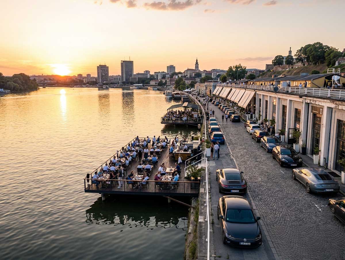 Belgrad Beton Hala'da nehir kıyısındaki restoranlar ve gün batımı