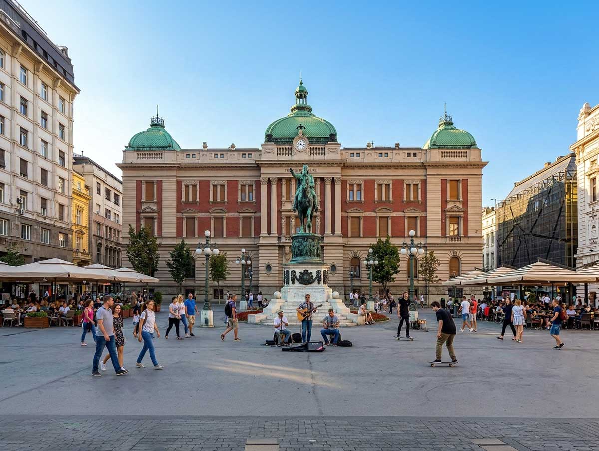 Belgrad Cumhuriyet Meydanı'nda Prens Mihailo Anıtı ve Ulusal Müze