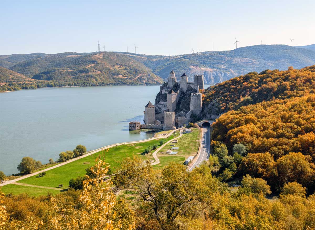 Golubac Kalesi ve Tuna Nehri kıyısı manzarası, Sırbistan