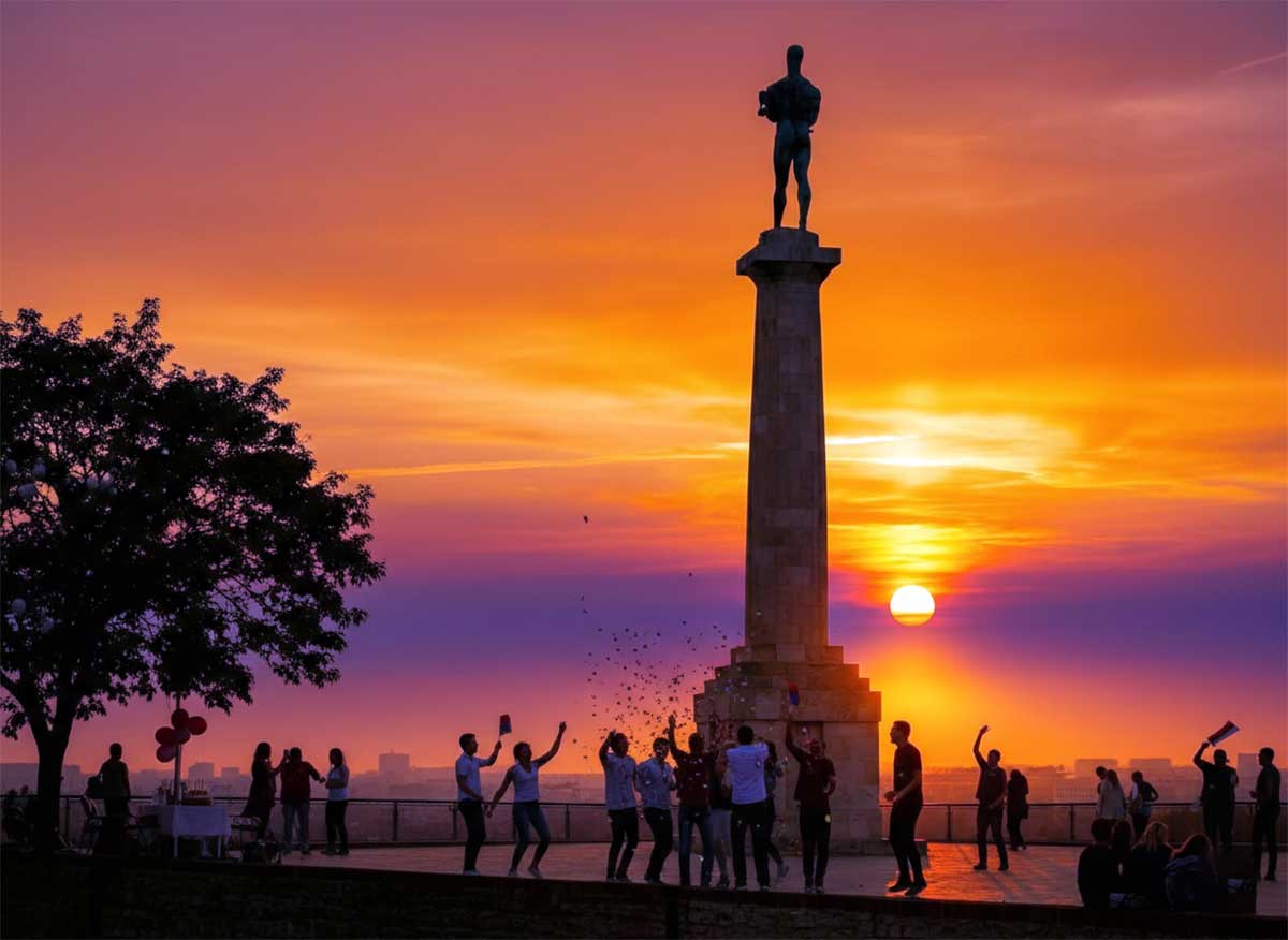 Kalemegdan’daki Viktor Heykeli önünde gün batımında toplanan insanlar