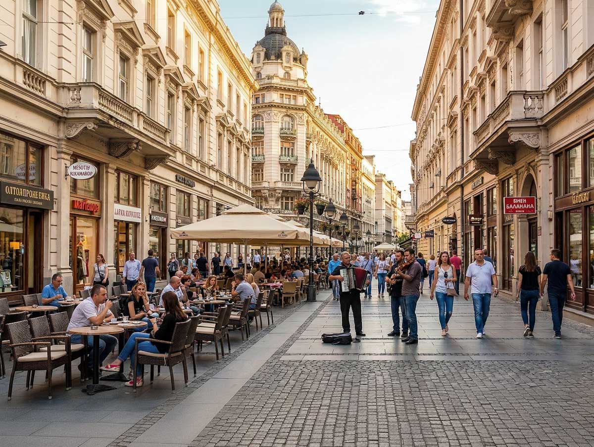 Belgrad Knez Mihailova Caddesi'nde tarihi binalar ve açık hava kafeleri