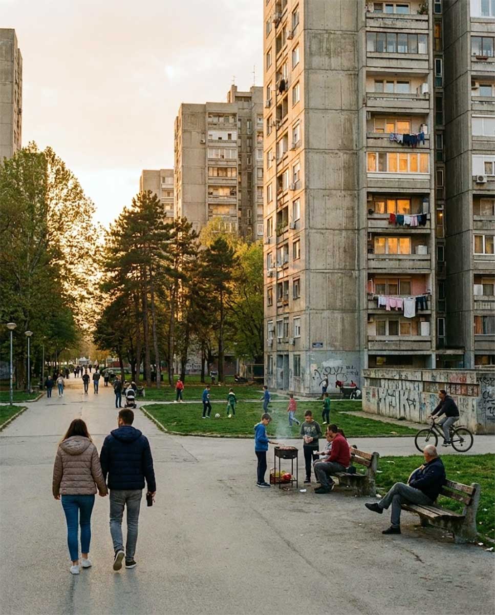 Novi Beograd bloklarında apartmanlar ve yeşil alanda günlük yaşam