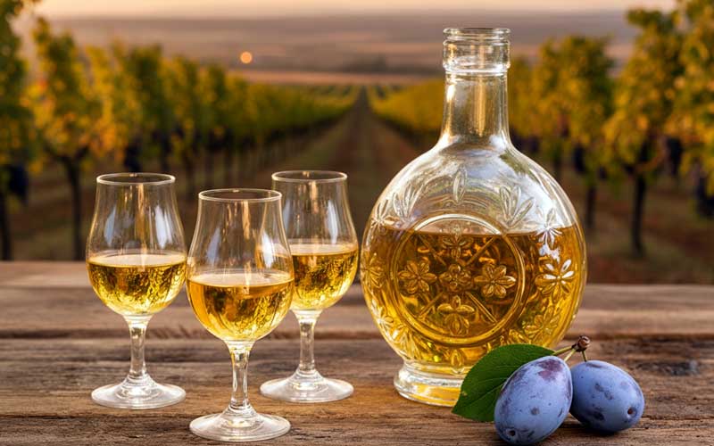 Sırbistan’da üzüm bağları manzarasında masada üç kadeh ve sürahide erik rakısı ile taze erikler