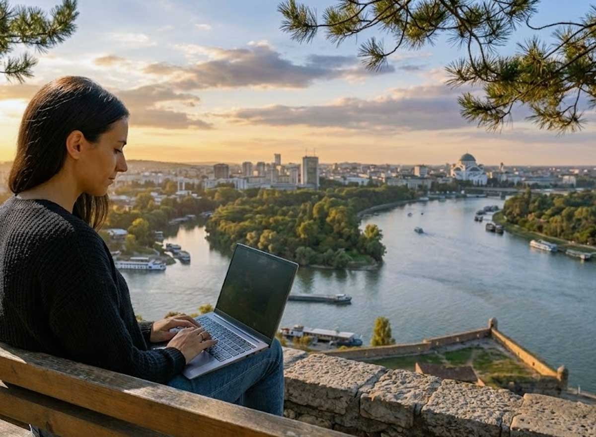 Belgrad manzarasında laptopla çalışan bir kişi