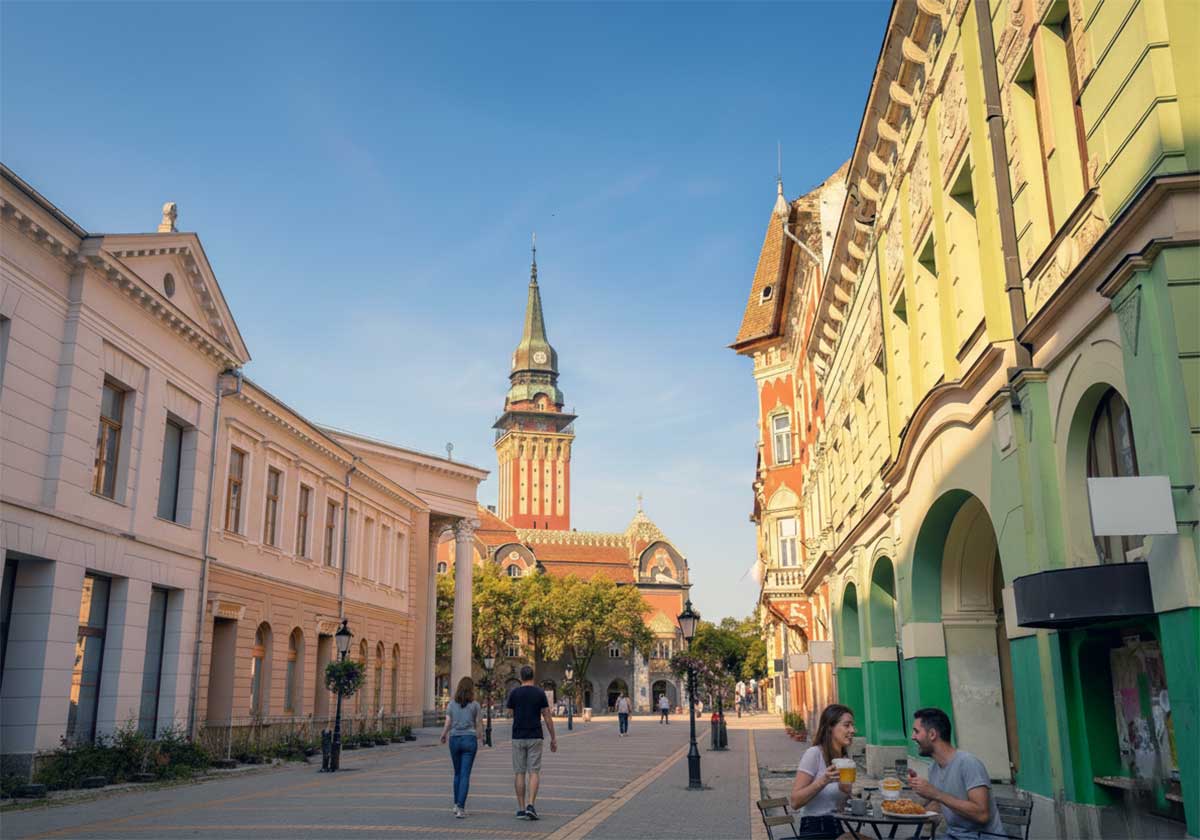Subotica şehir merkezinde tarihi binalar ve yaya caddesi, Sırbistan