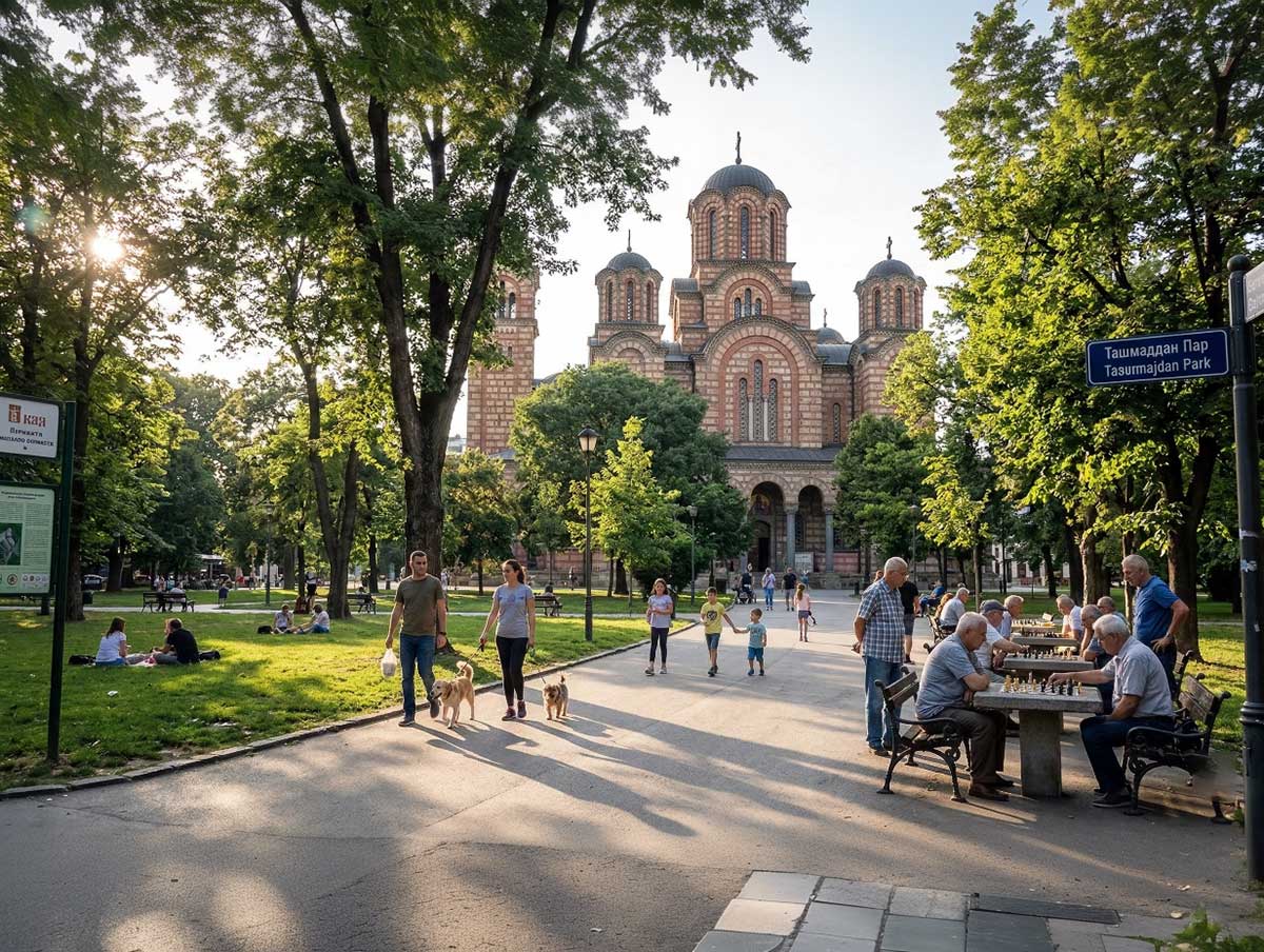 Belgrad Tašmajdan Parkı'nda yürüyüş yapan insanlar ve Aziz Mark Kilisesi