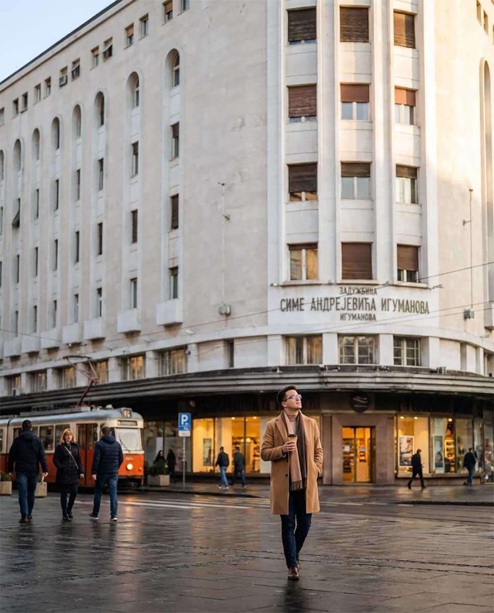 Terazije Meydanı'nda Igumanova Sarayı önünde tramvay ve şehir yaşamı